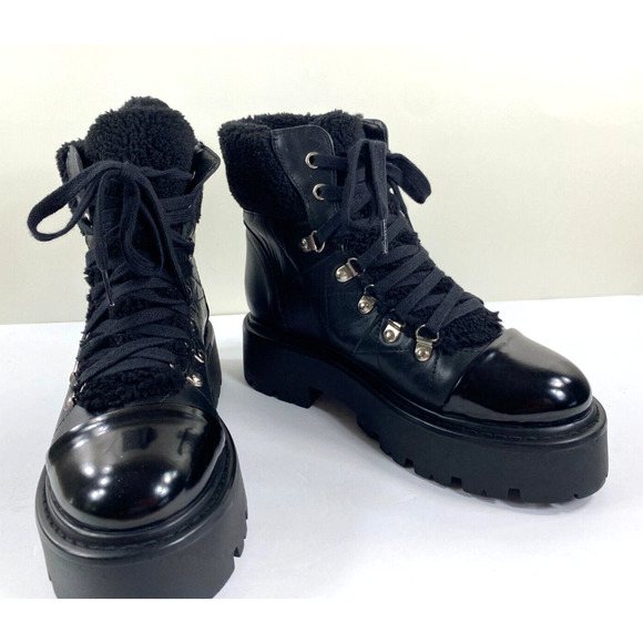 Steve Madden Reyen Black Leather Lace Up Combat Boot Sherpa Trim Sz 7 NWOB - Picture 1 of 11
